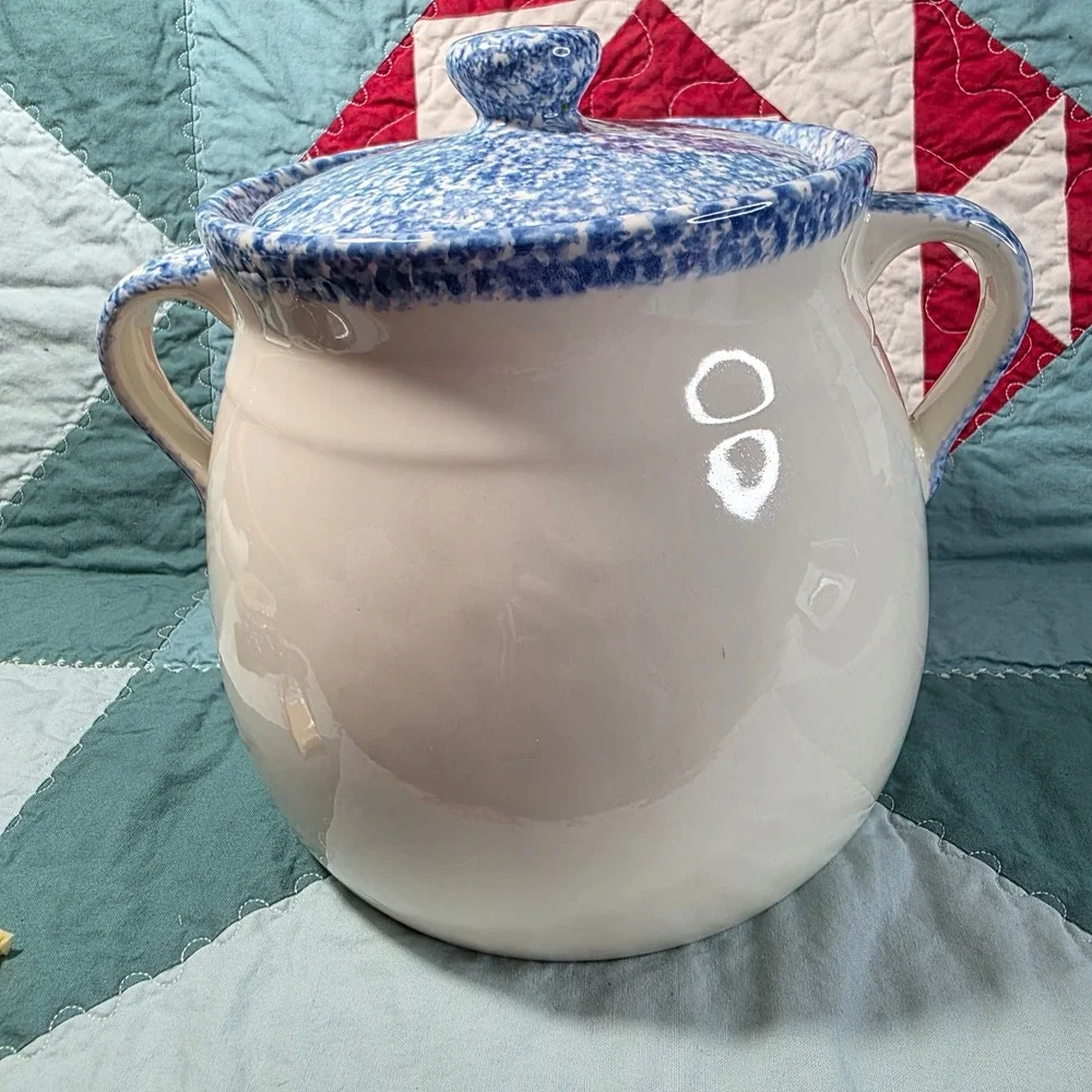 Cookie Jar Kitchenware Large White Blue Rooster Country Farmhouse Crock-Lid Chip